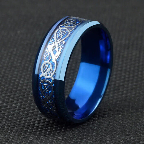 Men 8mm Beveled Edge Comfort-Fit Blue Silver Celtic Dragon Tungsten Wedding Band